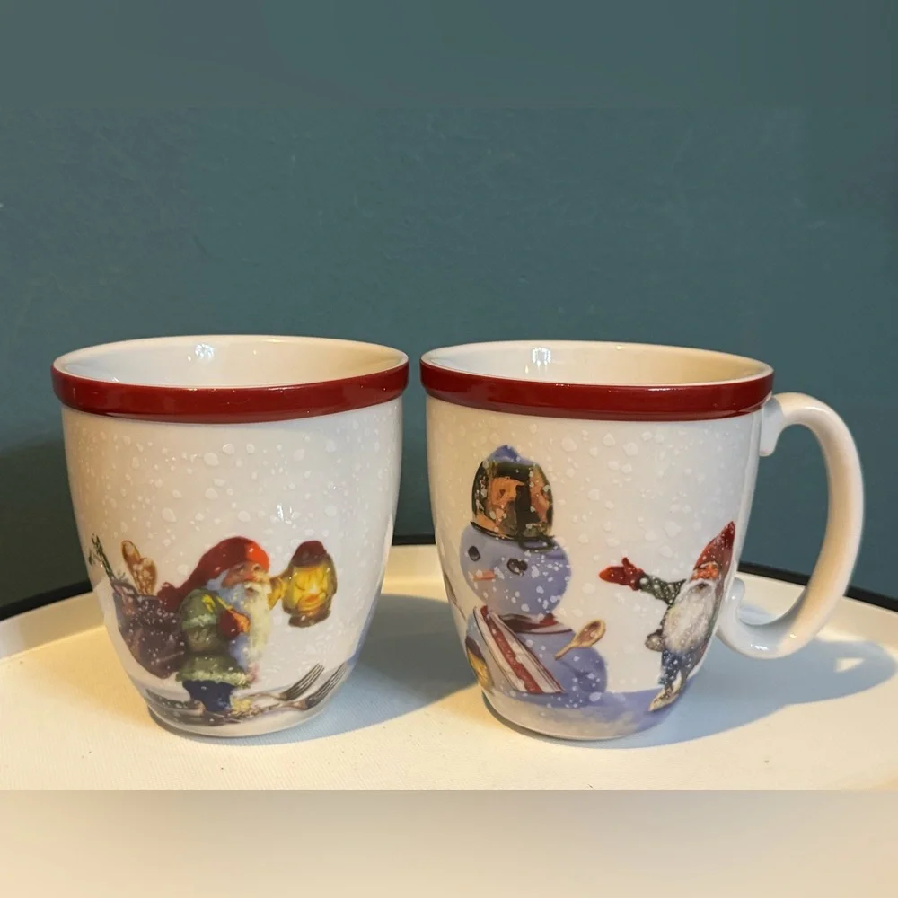Pair of Williams Sonoma Nordic Elf Festive Snowman and Gnome Stoneware Mugs